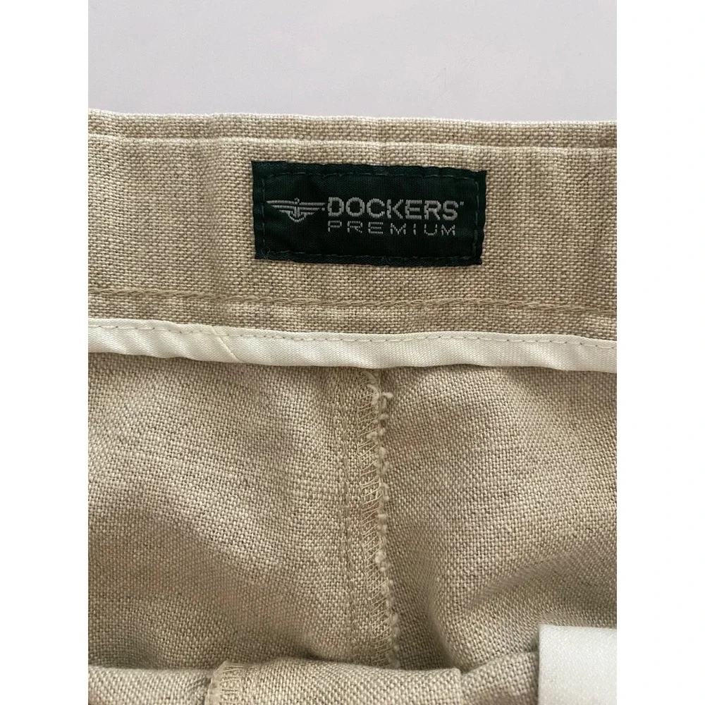 Dockers Premium Mens 34x30 Linen Cotton Blend Pleated Relaxed Fit Pants‎ Khaki